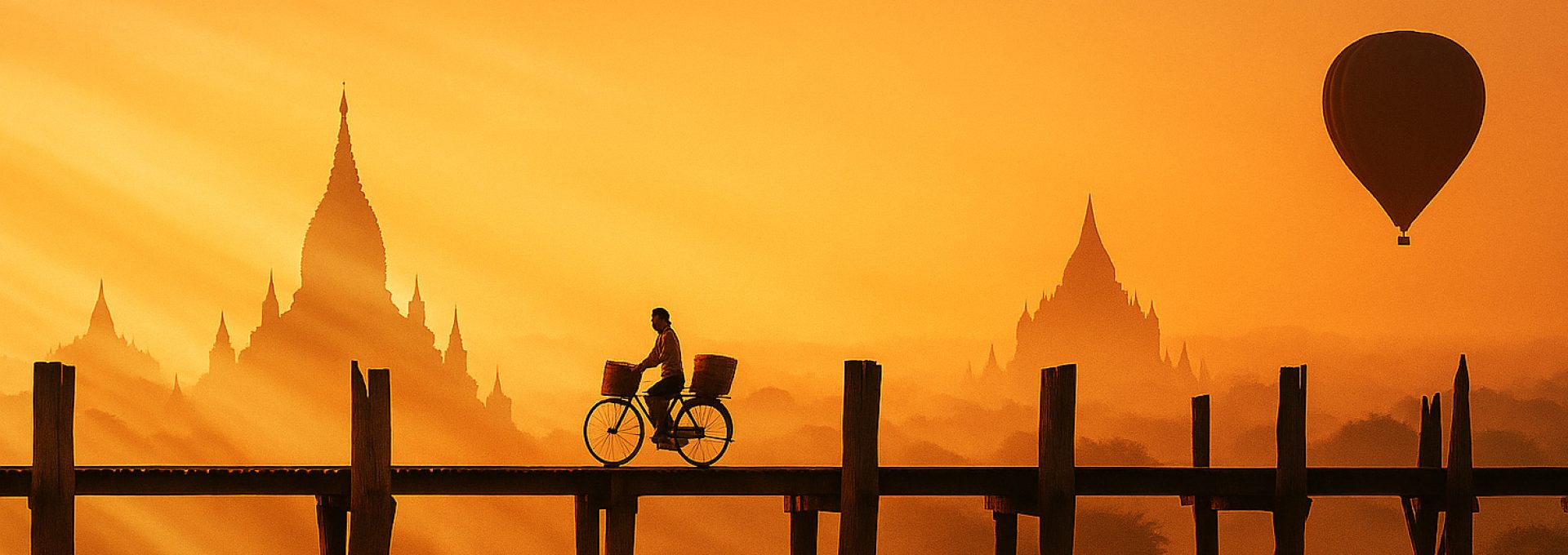 Sunrise view of a cyclist crossing U Bein Bridge with hot air balloon and ancient temples of Bagan in the background, Myanmar.