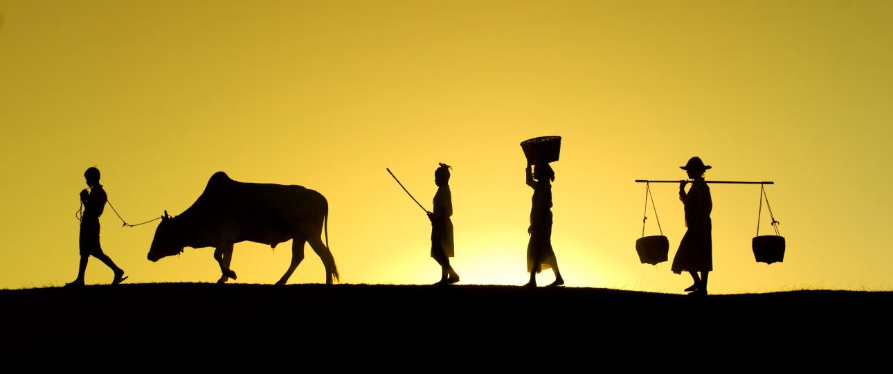 Silhouettes of villagers and an ox walking along a ridge at sunrise, carrying baskets and poles in rural Myanmar.